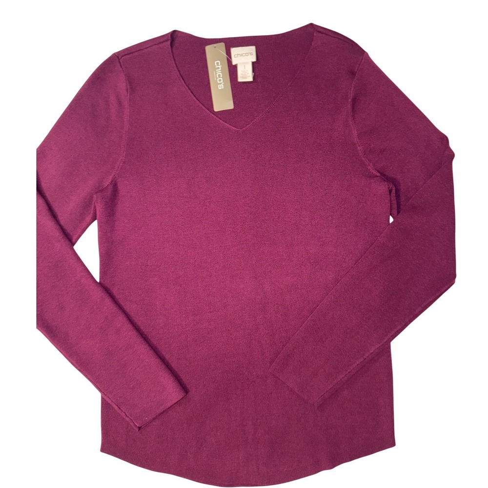 Chicos Monrovia Vneck Pullover Sweater LS Basic Purple Plum Chico Siz 1 US 8 NEW